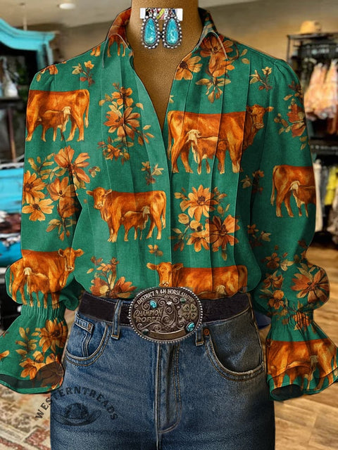 Retro Cow and Flowers Print Casual Cotton And Linen Shirt