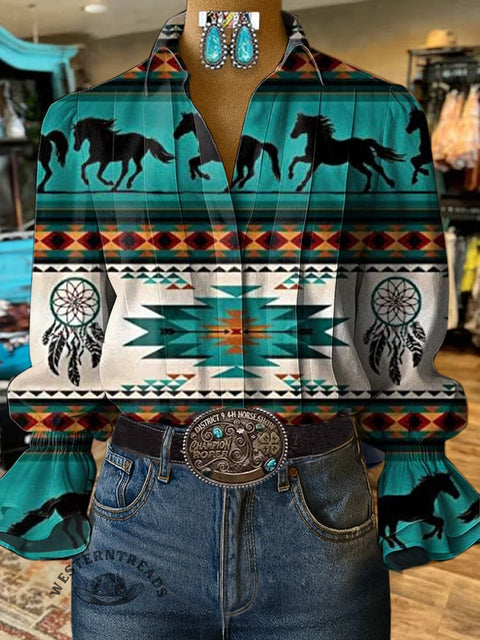 Retro Horse and Dreamcatcher Print Casual Cotton And Linen Shirt