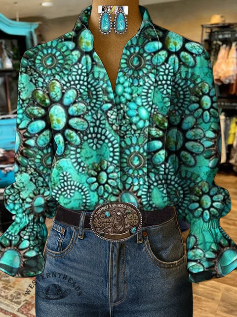 Turquoise Emerald Print Casual Cotton And Linen Shirt