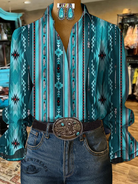 Retro Blue Aztec Stripes Print Casual Cotton And Linen Shirt
