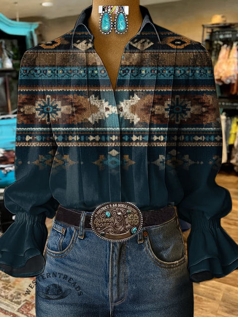 Retro Aztec Gradient Pattern Print Casual Cotton And Linen Shirt