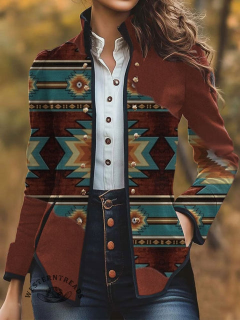 Retro Aztec and Solid Color Stitching Print Casual Jacket
