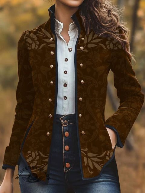 Retro Brown Flower Print Casual Jacket