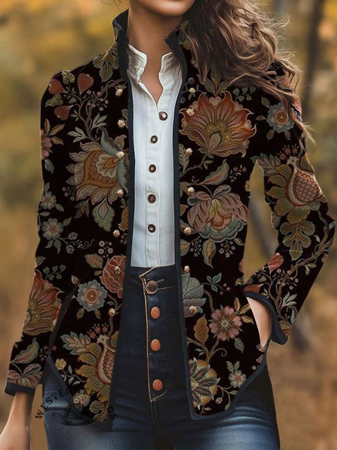 Retro Flower Print Casual Jacket