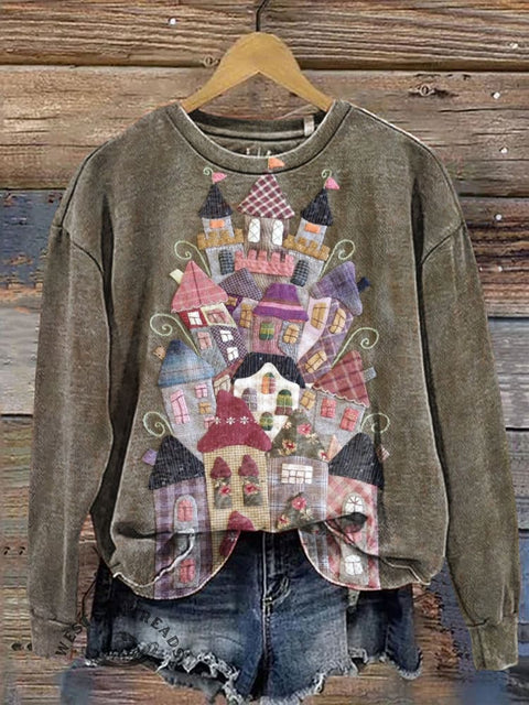 Imitation Patchwork Embroidery Visual Castle Casual Cotton Sweatshirt