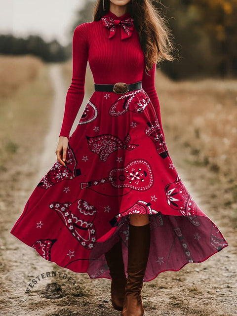 Women's Western Cowboy Hat Boots and Guitar Skirt and Long-sleeve Tops Two-Piece Suit