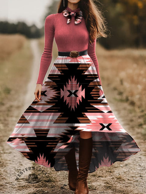 Women's Retro Western Aztec Pattern Skirt and Long-sleeve Tops Two-Piece Suit