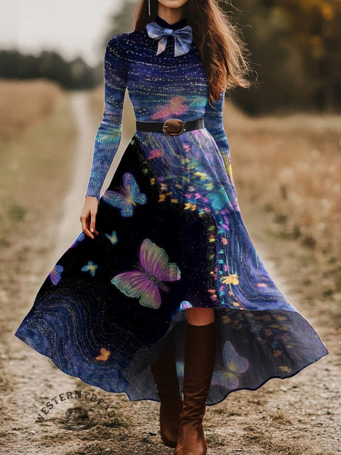 Women's Color Butterflies Skirt and Long-sleeve Tops Two-Piece Suit
