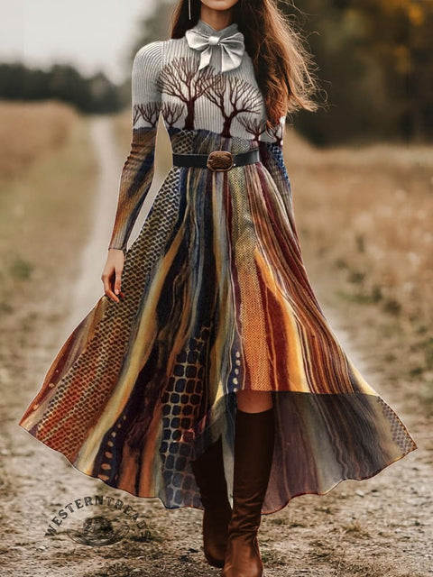 Women's Trees and Retro Colored Earth Textures Skirt and Long-sleeve Tops Two-Piece Suit