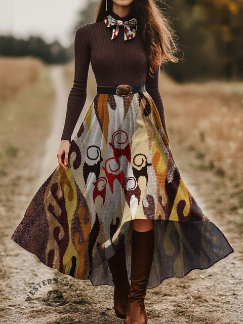 Women's Tribal Color Pattern Skirt and Long-sleeve Tops Two-Piece Suit