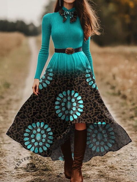 Women's Turquoise Jewels and Ombre Skirt and Long-sleeve Tops Two-Piece Suit