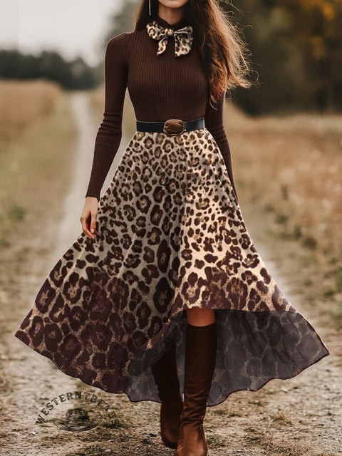 Women's Gradient Leopard Print Skirt and Long-sleeve Tops Two-Piece Suit