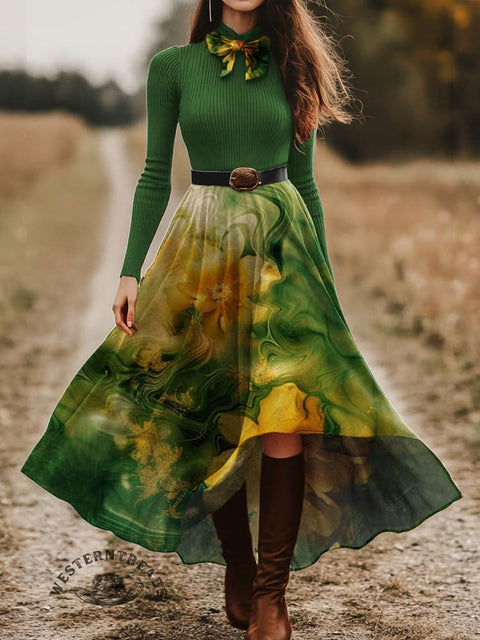 Women's Yellow-green Flower Skirt and Long-sleeve Tops Two-Piece Suit