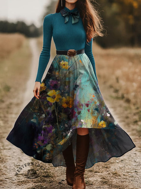 Women's Oil Painting Vision Retro Flower Skirt and Long-sleeve Tops Two-Piece Suit