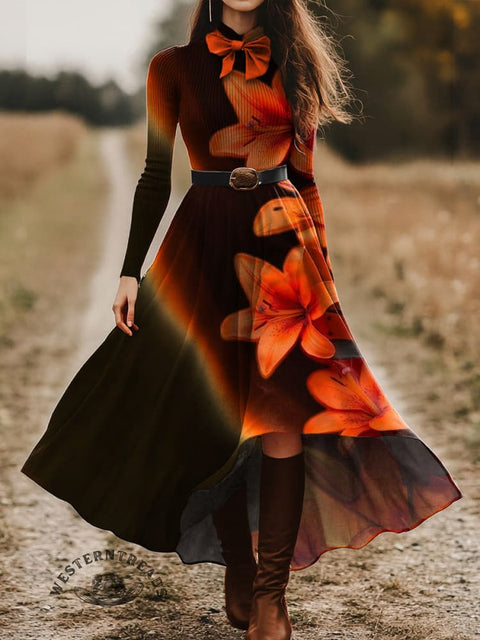 Women's Colored Light Vision Retro Flower Skirt and Long-sleeve Tops Two-Piece Suit