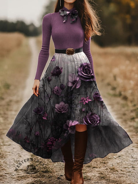 Women's Retro Purple Flower Skirt and Long-sleeve Tops Two-Piece Suit