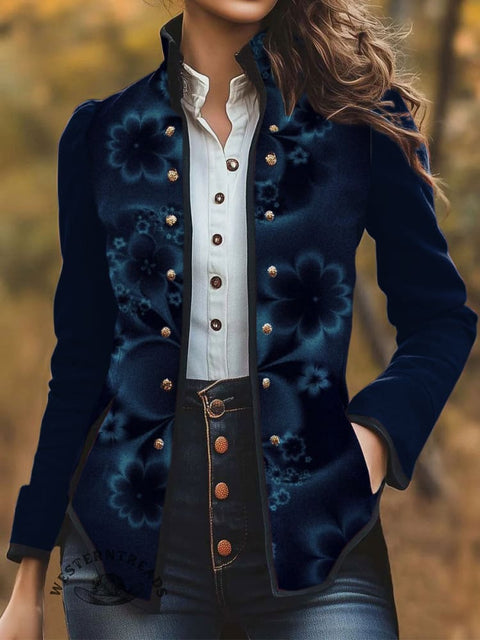 Women's Retro Blue Flower Print Casual Jacket