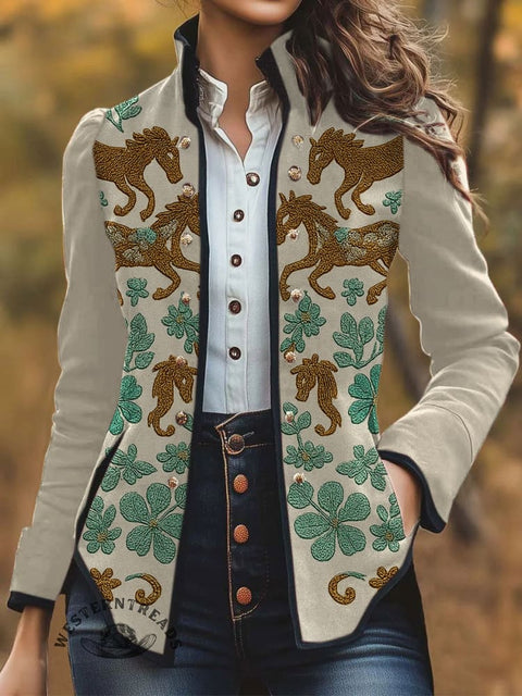 Women's Retro Horse and Flower Print Casual Jacket