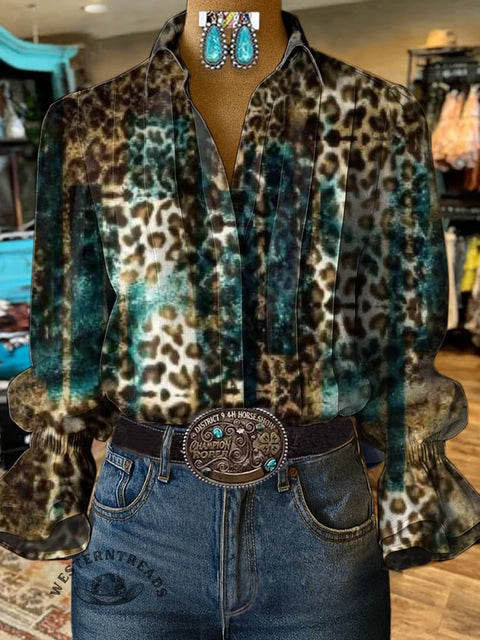 Women's Leopard Print Casual Cotton And Linen Shirt