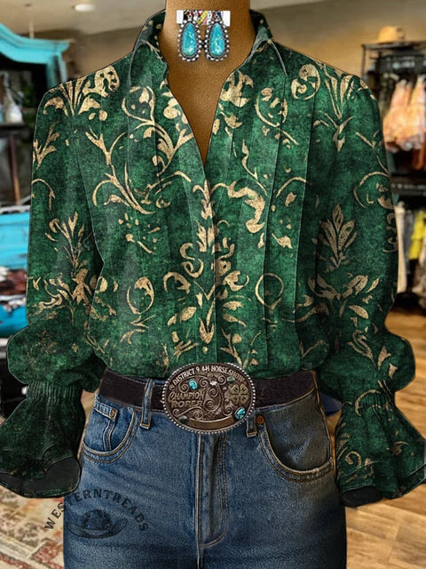 Women's Green Retro Hot Stamping Visual Pattern Print Casual Cotton And Linen Shirt