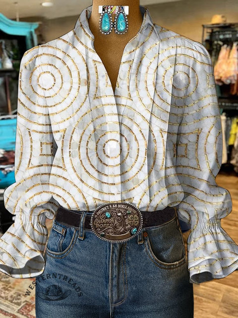 Women's White Retro Hot Stamping Visual Pattern Print Casual Cotton And Linen Shirt