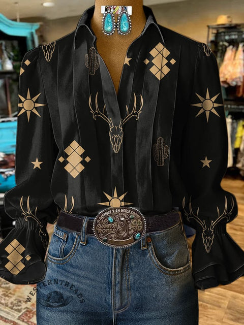Women's Western Bull Head Elements Print Casual Cotton And Linen Shirt