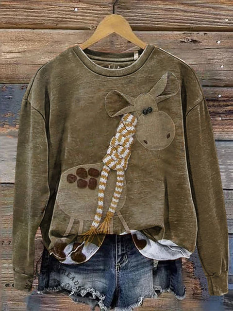 Embroidered Patchwork Visual Giraffe Casual Cotton Sweatshirt