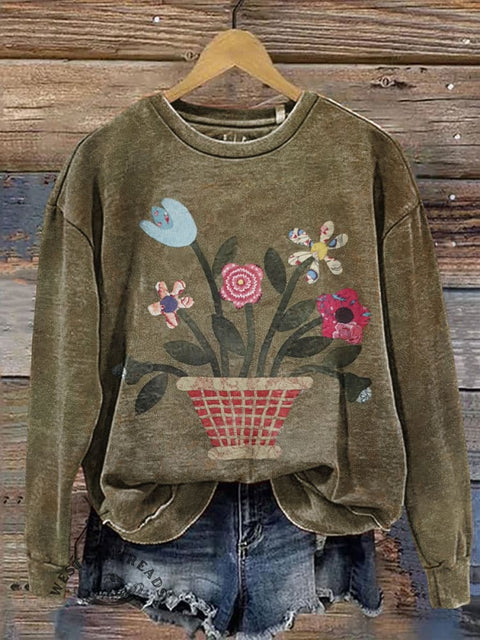 Embroidered Patchwork Visual Flower Casual Cotton Sweatshirt