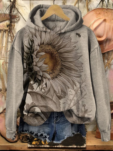 Retro Sun Flower and Bee Casual Cotton Sweatshirt