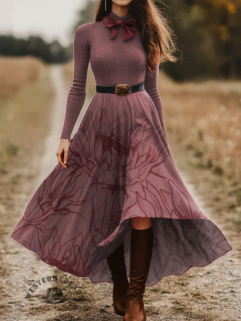 Women's Retro Pink Sunflower Skirt and Long-sleeve Tops Two-Piece Suit