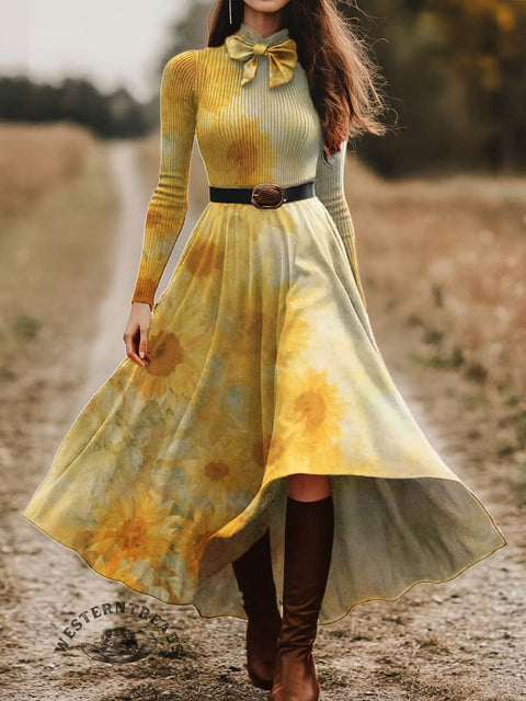 Women's Sunflower Skirt and Long-sleeve Tops Two-Piece Suit