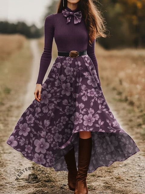 Women's Retro Purple Flowers Skirt and Long-sleeve Tops Two-Piece Suit