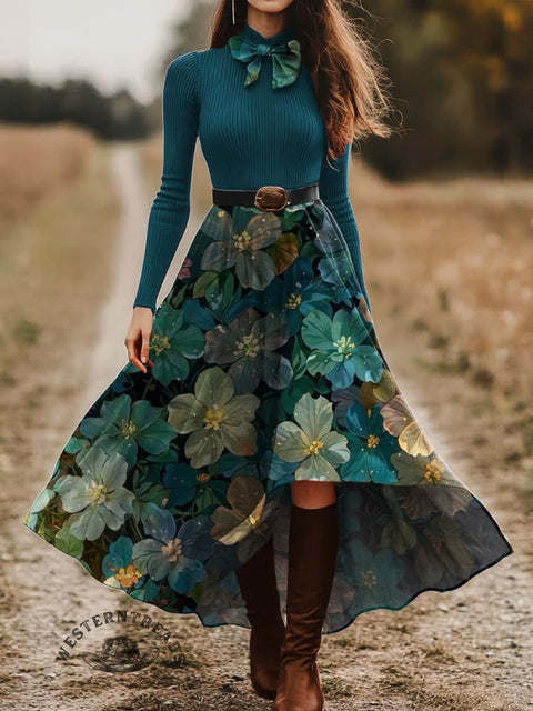 Women's Peacock Blue Retro Flowers Skirt and Long-sleeve Tops Two-Piece Suit