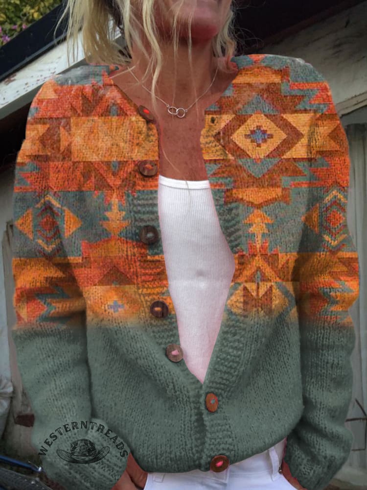 Retro Aztec Print Buttoned Cardigan Sweater