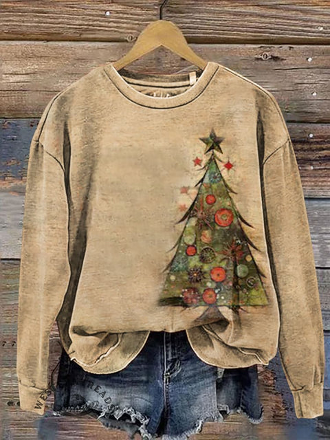 Retro Christmas Tree Casual Cotton Sweatshirt
