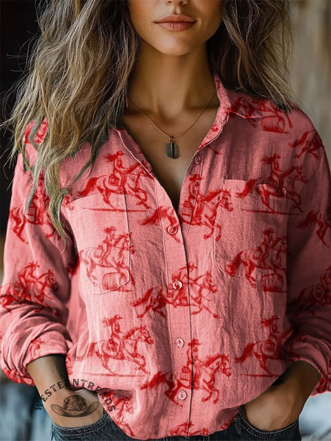Women's Western Riding Cowboy Print Casual Long Sleeve Comfortable Cotton Shirt