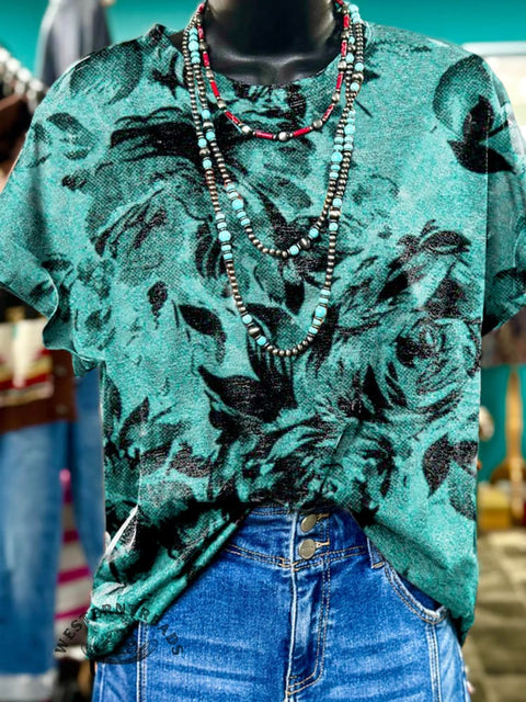 Turquoise Green Retro Flowers T-shirt