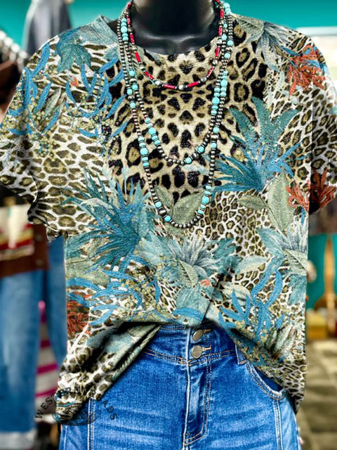 Retro Floral and Leopard Print T-shirt