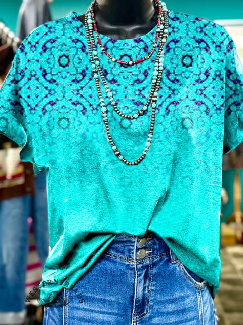 Blue and Green Gradient Retro Pattern Print T-shirt