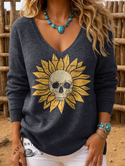 Women's Sunflowers and Skulls Pattern Casual Pullover Sweater