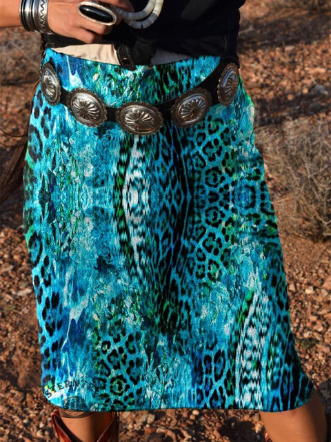 Women's Teal Leopard Print Knitted Skirt