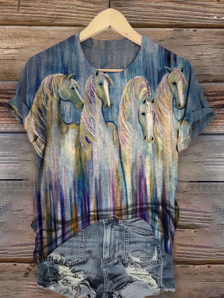 Colorful Oil Painting Style White Horse T-shirt