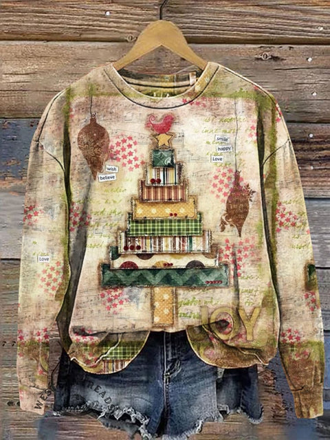 Retro Musical Note Christmas Tree Casual Cotton Sweatshirt