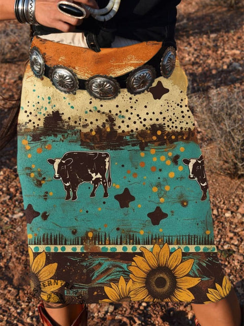 Women's Retro Western Cow and Sunflowers Print Knitted Skirt
