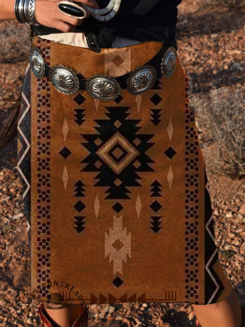 Women's Retro Brown Aztec Print Knitted Skirt