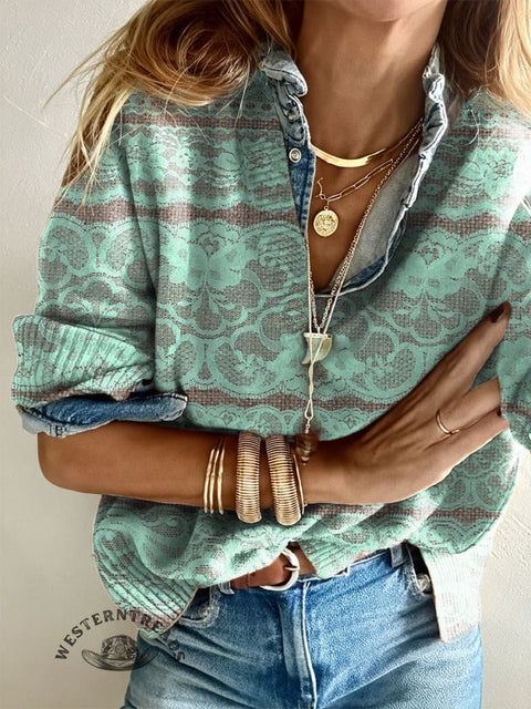 Women's Mint Green Faux Lace Visual Casual V-neck Pullover Knit