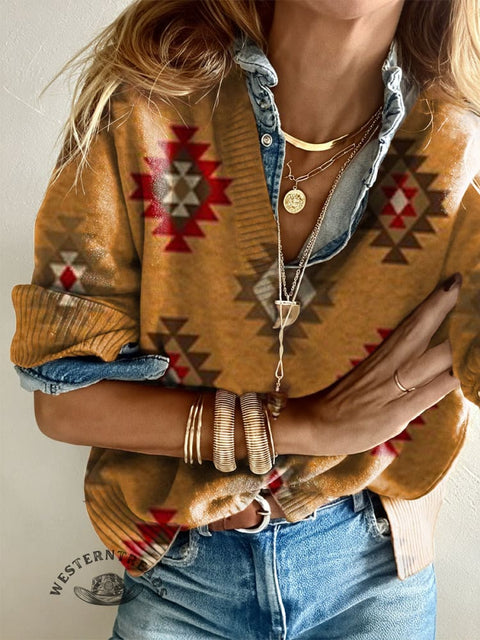 Women's Aztec Diamond Pattern Casual V-neck Pullover Knit