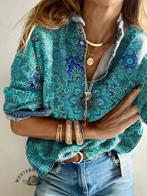 Women's Retro Blue-green Flowers Casual V-neck Pullover Knit