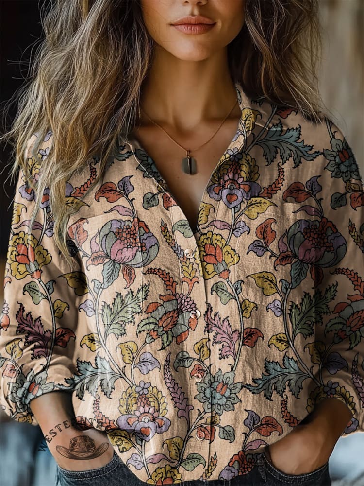 Women's Retro Flower Print Casual Long Sleeve Comfortable Cotton Shirt