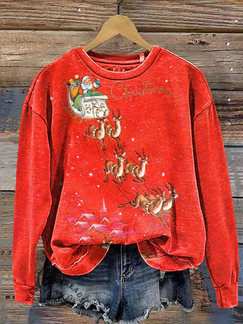 Santa Claus and Elk Casual Cotton Sweatshirt